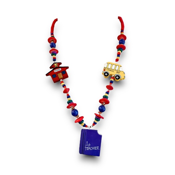 Vintage 90s Y2K Handmade Teacher Jewelry Set Schoolhouse Bus Necklace Earrings - Picture 2 of 13